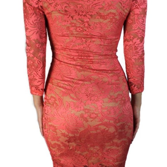 Coral Lace Overlay Dress 3/4 Sleeve Size Small - Picture 6 of 9